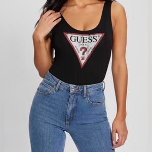 GUESS Classic Triangle Logo Vintage Style Black Bodysuit Size Small